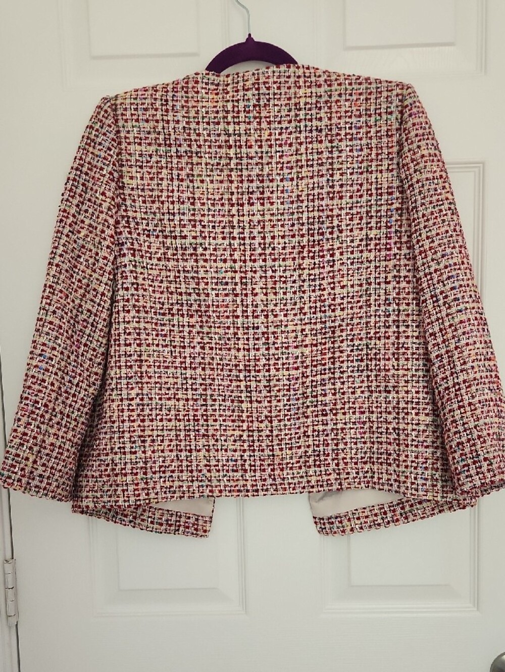 Office Work Red Multicolor Tweed Open-Front Blazer Jacket - Size L (Fits like S) - Picture 6 of 6